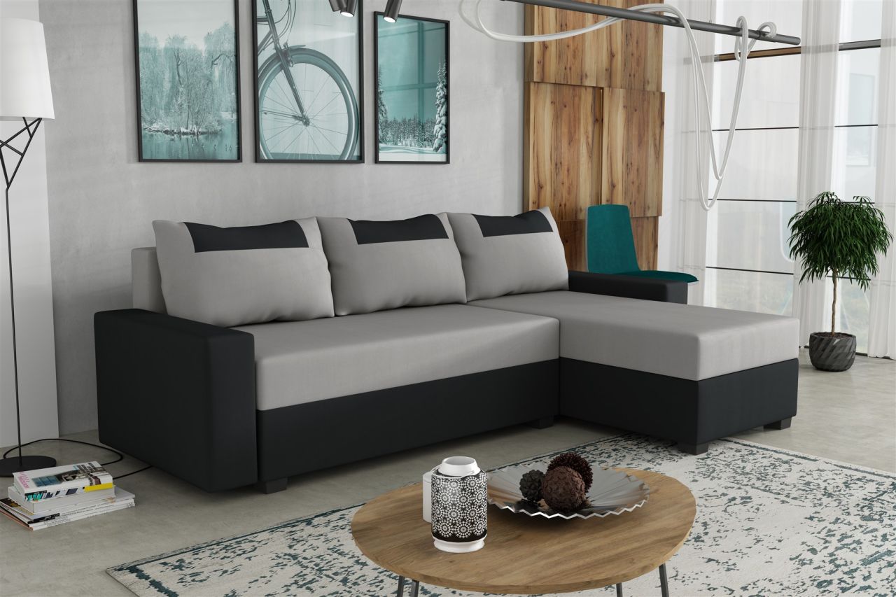 Ecksofa Schlafsofa Sofa HEDVIG LUX Manila Schwarz- Hellgrau Ottomane Rechts