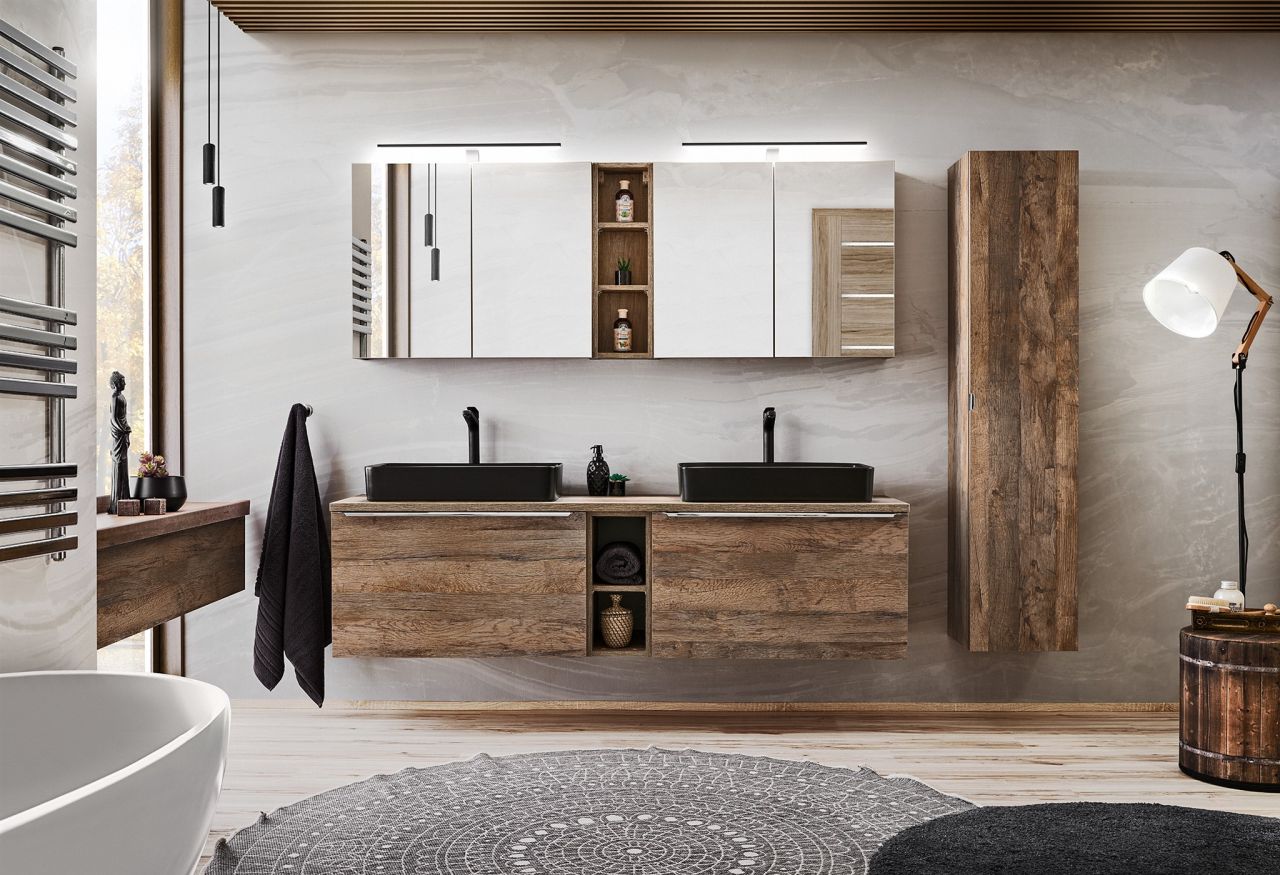 Badmöbel Set 9-tlg Badezimmerset AKAN Vintage Eiche Variante B inkl. Waschtisch