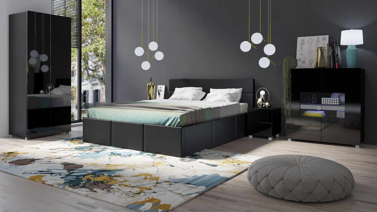 Schlafzimmer Komplett Set 5 tlg LABRI Schwarz- Schwarz Hochglanz