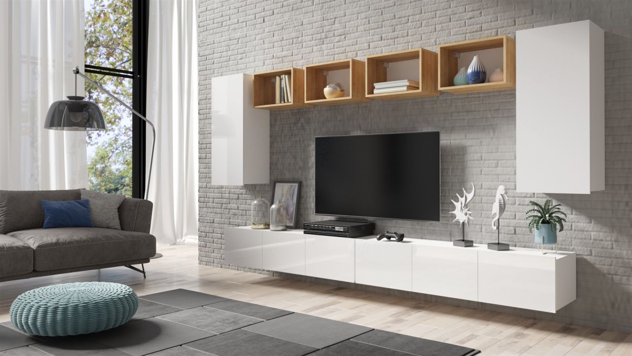 Mediawand Wohnwand 8 tlg - KAVOS 25 - Weiss Hochglanz