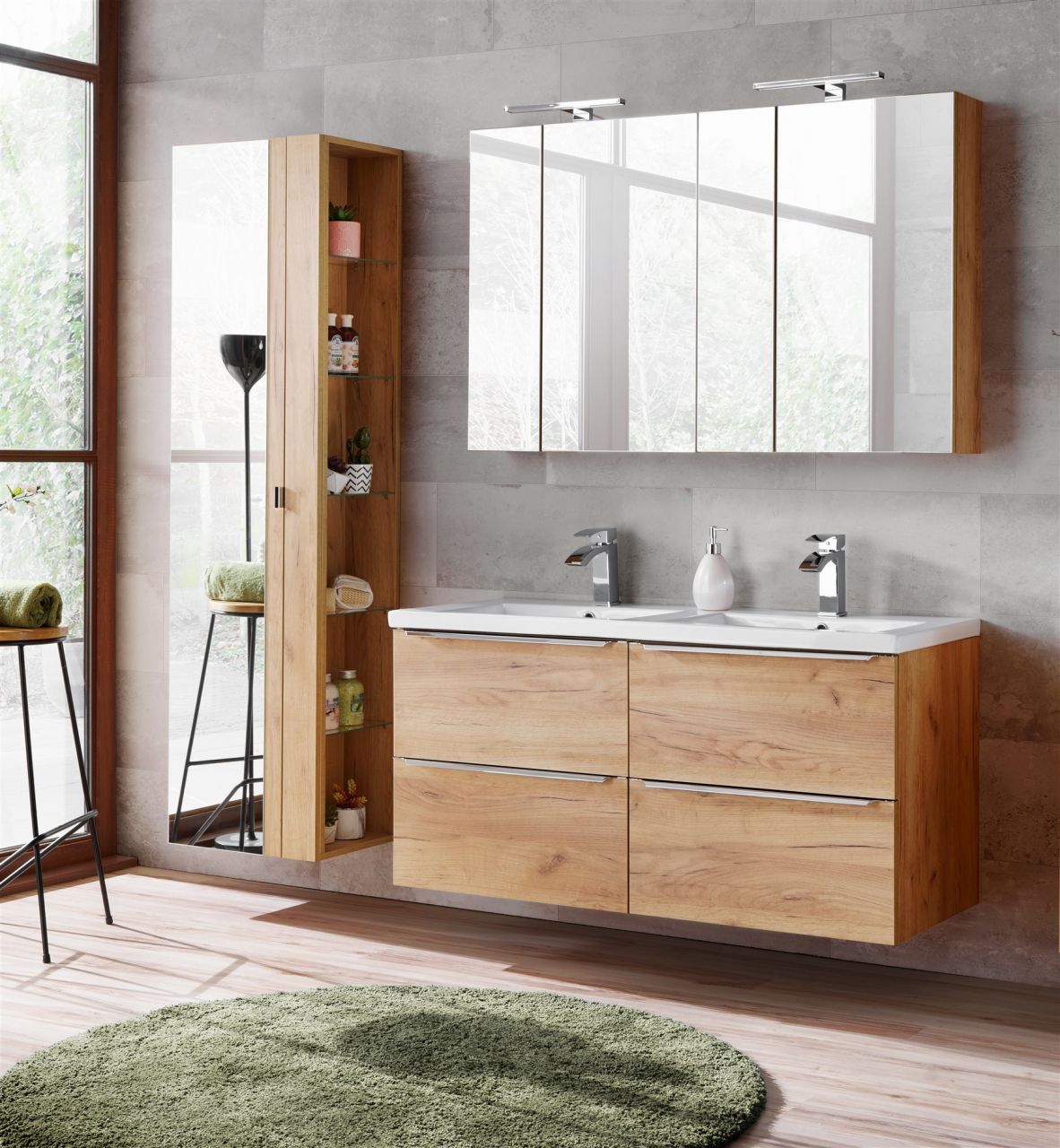 Badmöbel Set 6-tlg Badezimmerset PERUGIA Gold Eich inkl.Waschbecken