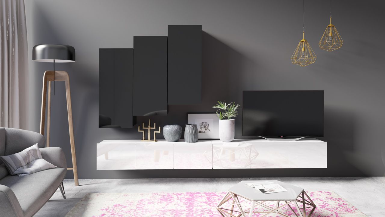 Mediawand Wohnwand 5 tlg - LABRI 15 - Weiss / Schwarz Hochglanz