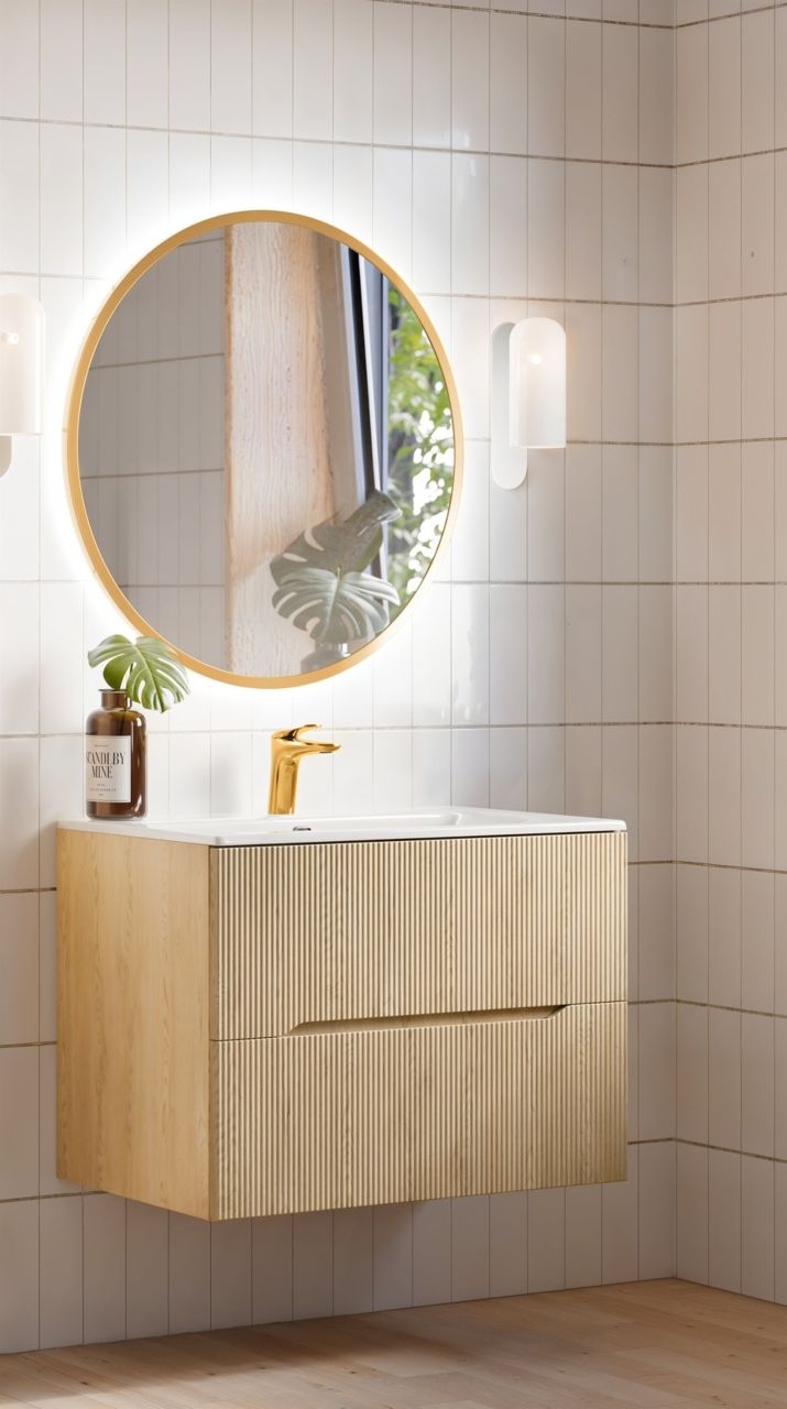 Badmöbel Set 2-tlg Badezimmerset AVOLI Cremona Eiche Spiegel Gold inkl. Wasch...