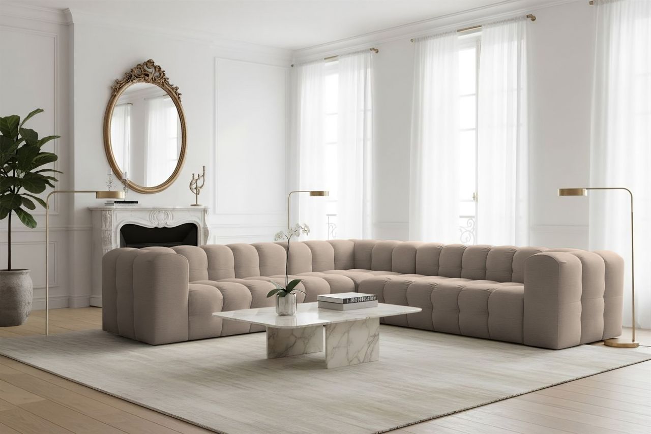Ecksofa Designersofa SOLVIE in Stoff Tiffani Taupe Seite Universal
