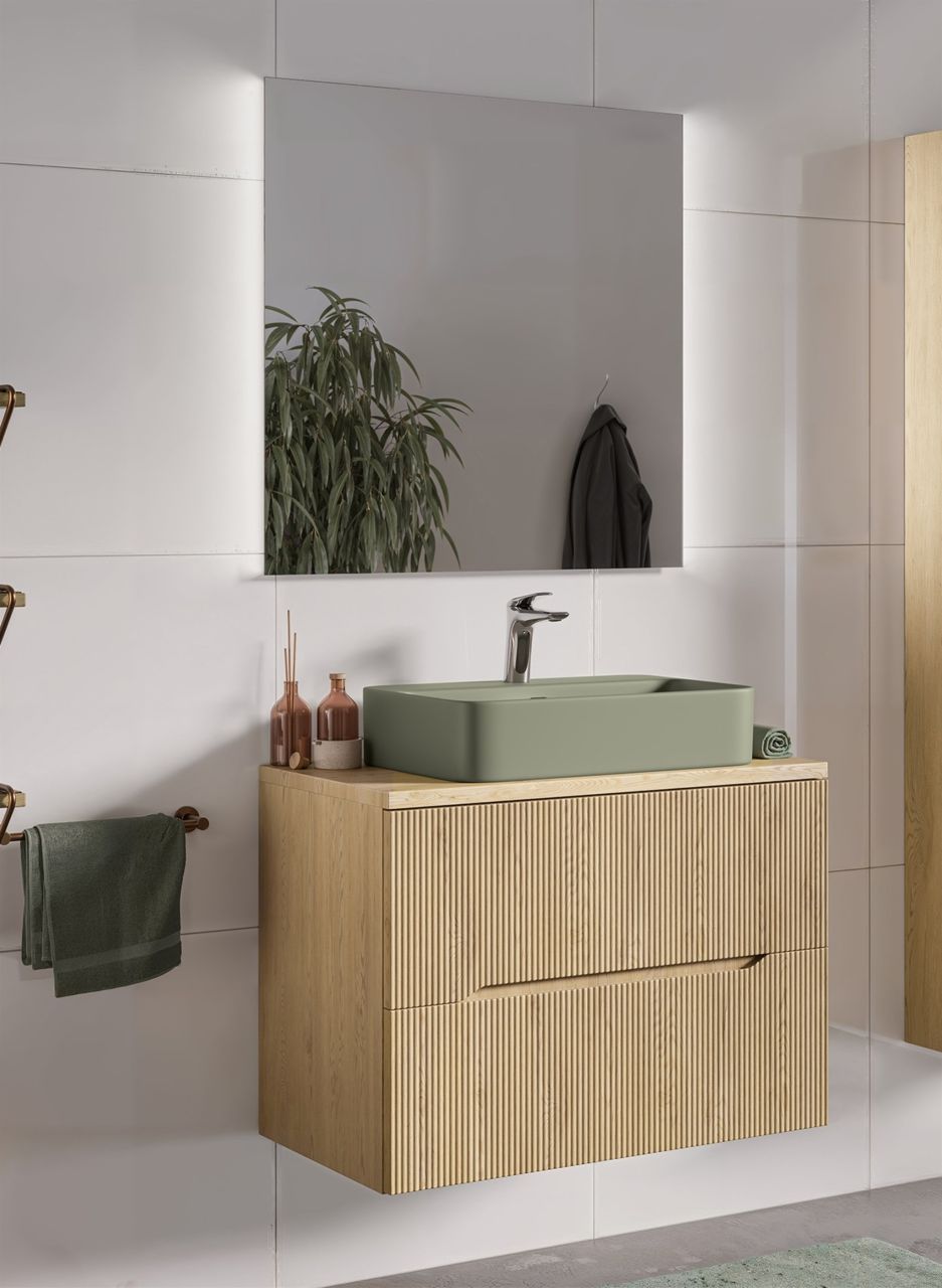 Badmöbel Set 3-tlg Badezimmerset AVOLI Cremona Eiche Spiegel 80cm inkl. Wasch...