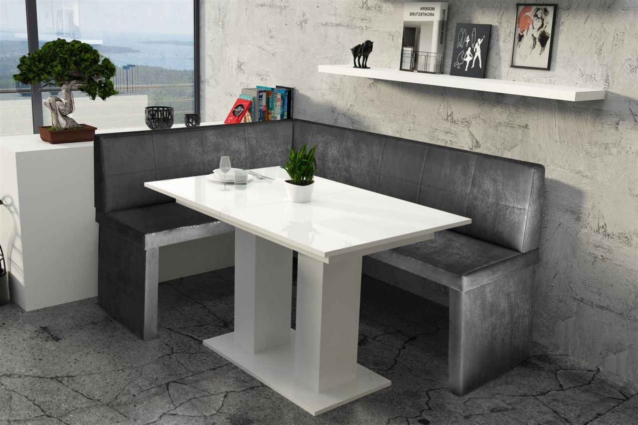 Eckbankgruppe 168x128 cm ROBIN R Vin..Schwarz/ Tisch DANTE Weiss HGL