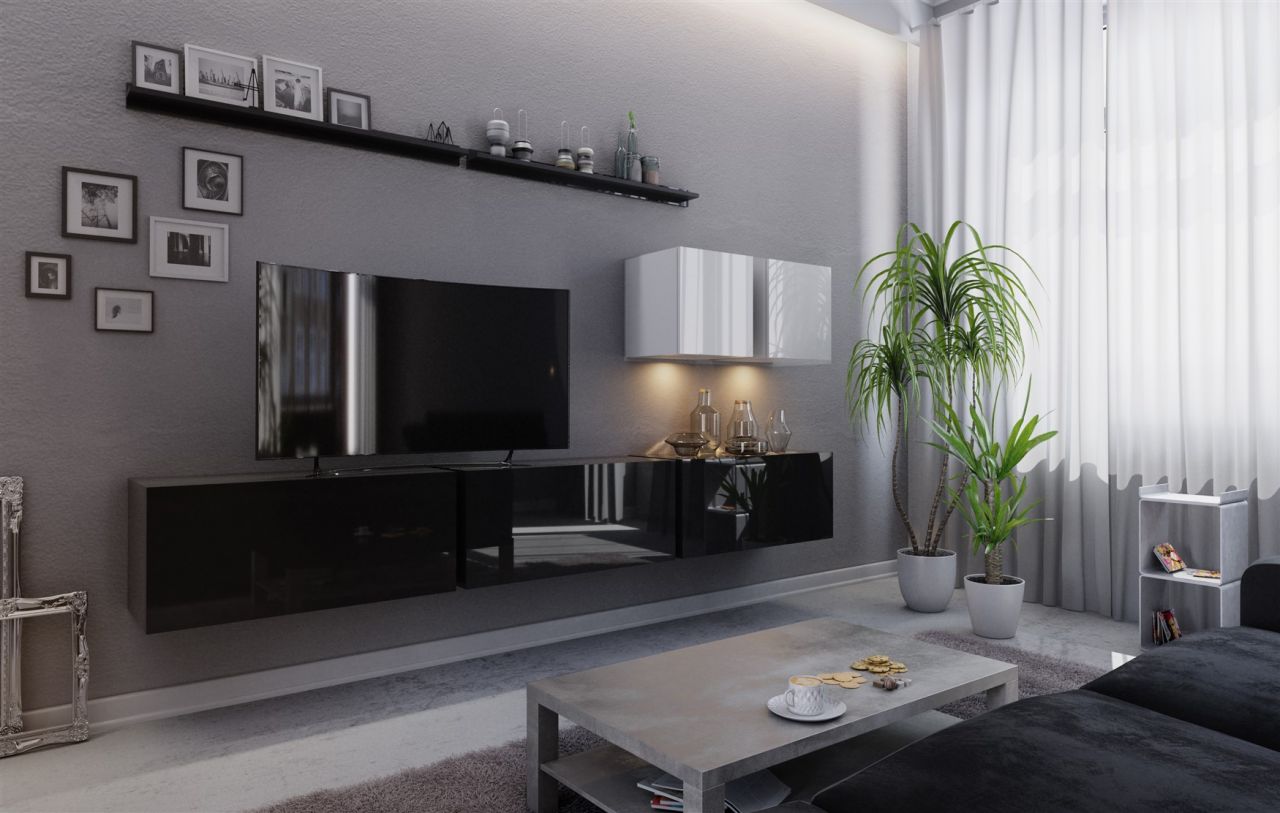 Mediawand Wohnwand 7 tlg -NEXI XL 7- Schwarz- Weiss Hochglanz inkl.LED