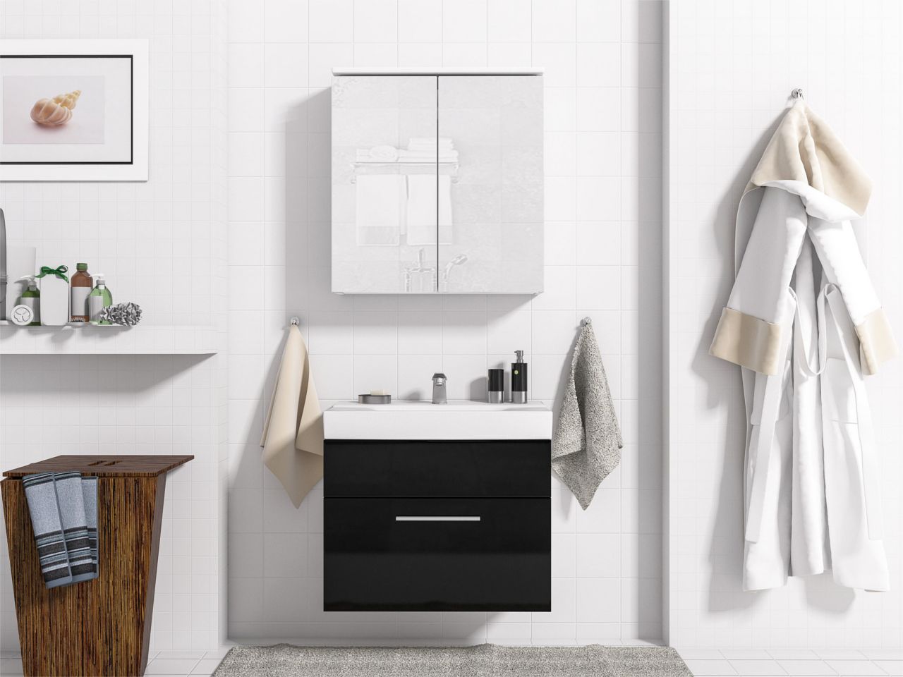 Badmöbel Set 3-Tlg Weiss / Schwarz Hochglanz MINI inkl.Waschtisch