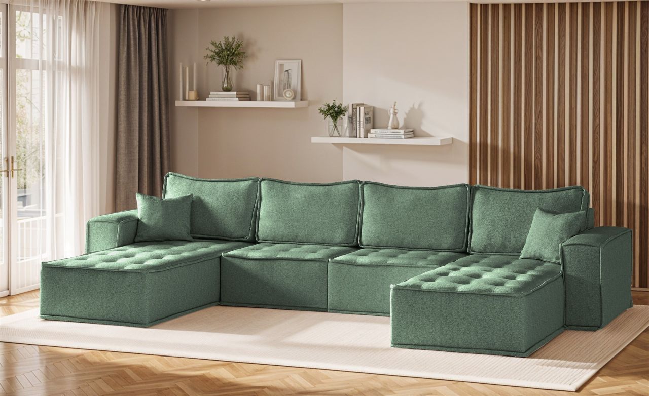 Wohnlandschaft Sofa U-Form Modulsofa-Set 4-teilig SANDE Stoff Raven Flaschengrün