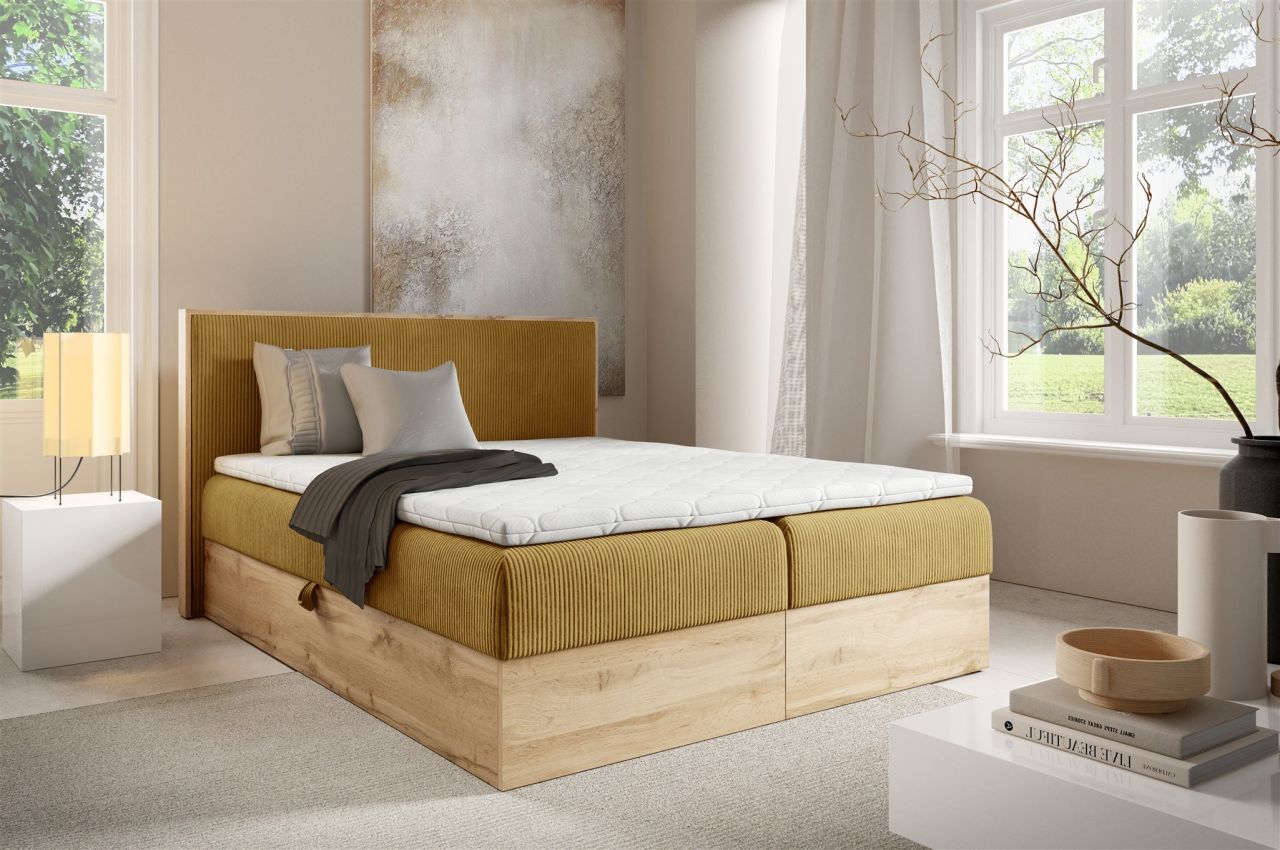 Boxspringbett Schlafzimmerbett ROLAND 180x200cm in Stoff Lincoln Honiggelb