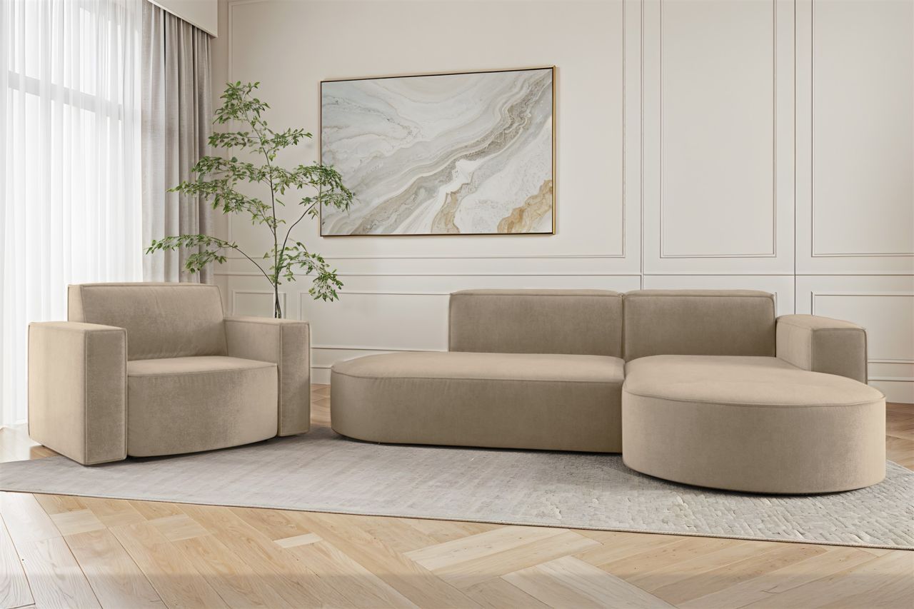 Sofa Set 2-teilig Sessel und Ecksofa PALMA XS Stoff Noel Beige Ottomane Rechts