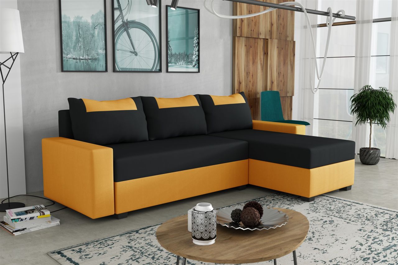 Ecksofa Schlafsofa Sofa HEDVIG LUX Manila Goldgelb- Schwarz Ottomane Rechts