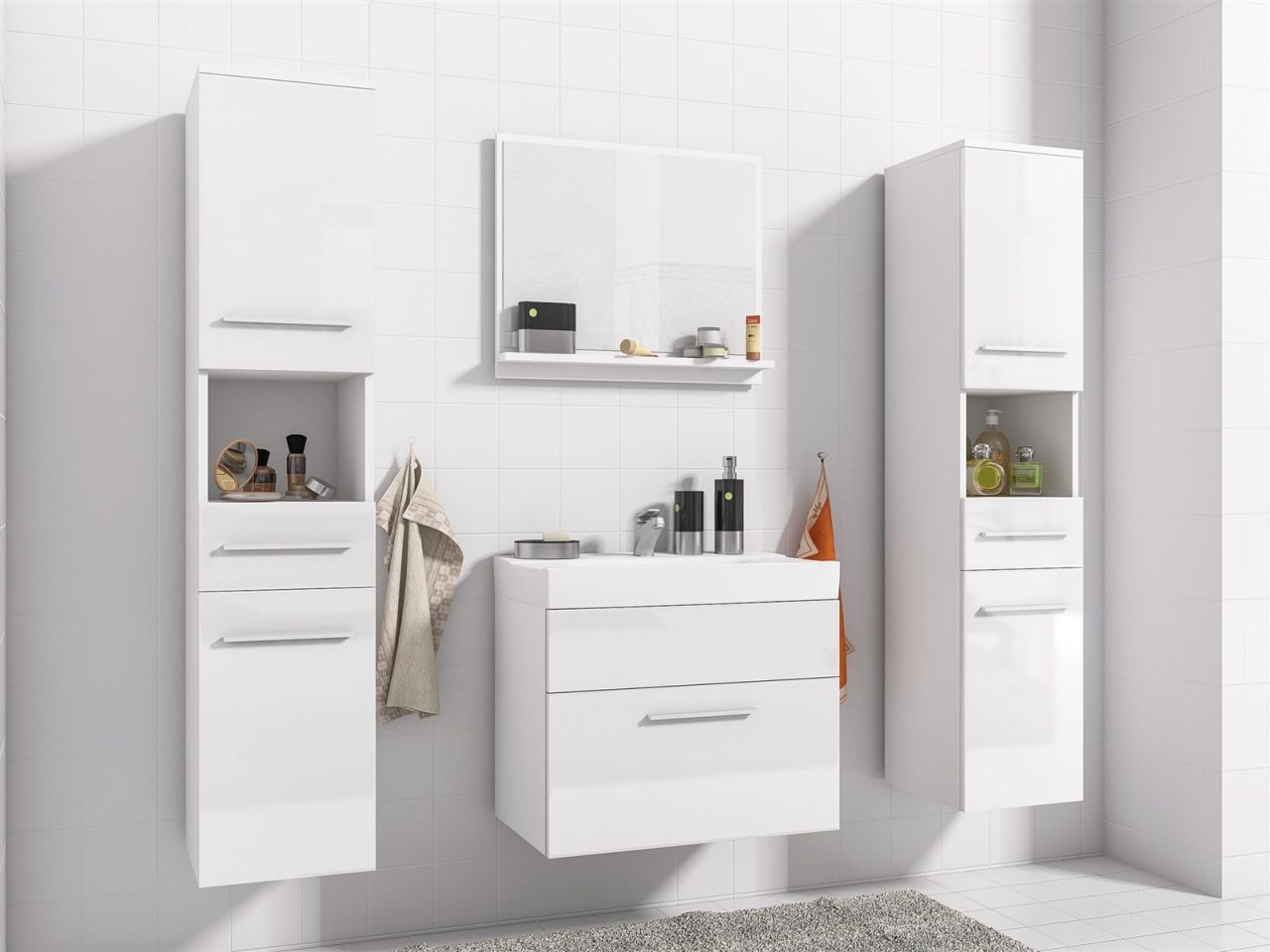 Badmöbel Set 5-Tlg Weiss Hochglanz LIVO XL inkl.Waschtisch