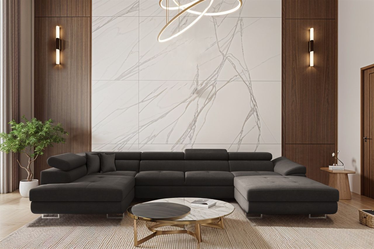 Wohnlandschaft Schlafsofa Sofa CARMELO in Stoff Nova Grafit Ottomane Rechts