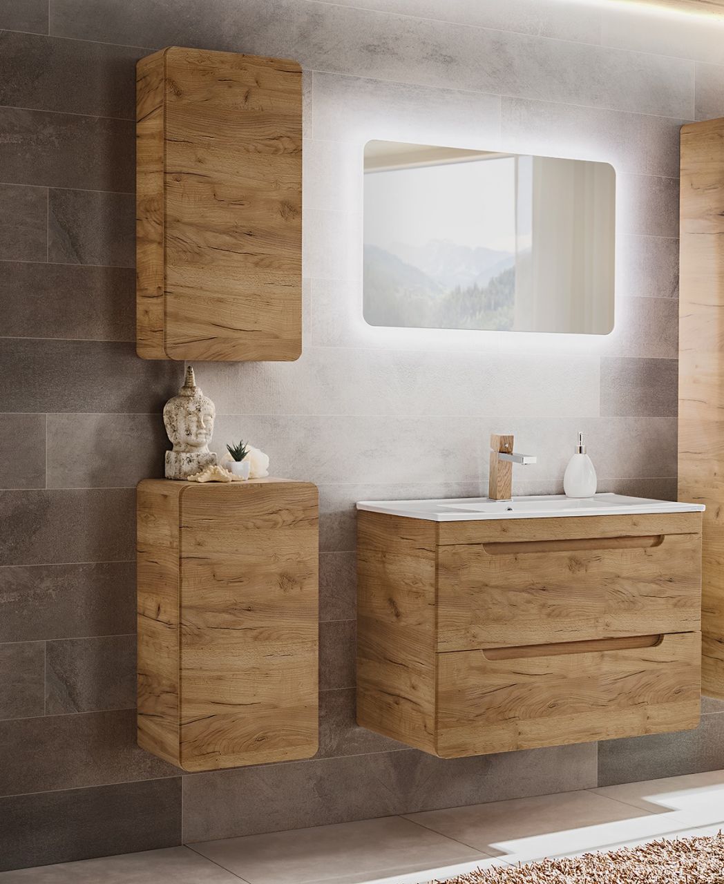 Badmöbel Set 4-tlg Badezimmerset FERMO Gold Eiche inkl.Waschtisch 80cm