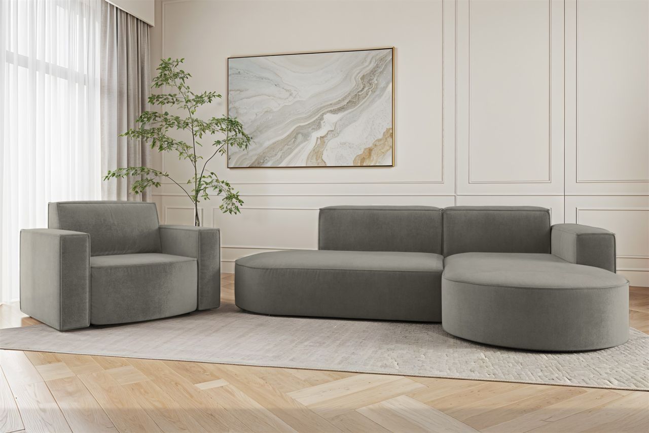 Sofa Set 2-teilig Sessel und Ecksofa PALMA XS Stoff Noel Grau Ottomane Rechts
