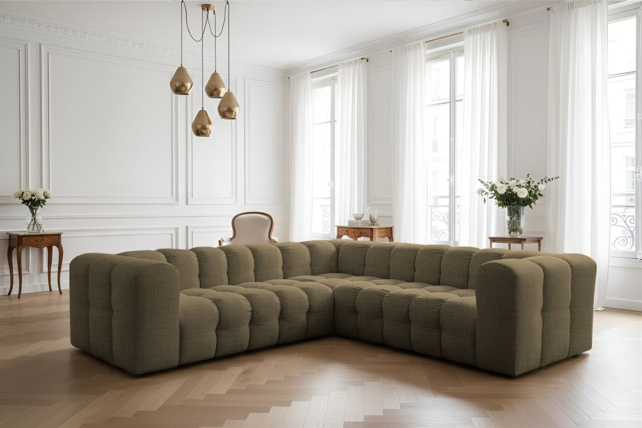 Ecksofa Designersofa SOLVIE XS in Stoff Moly Moosgrün Seite Universal
