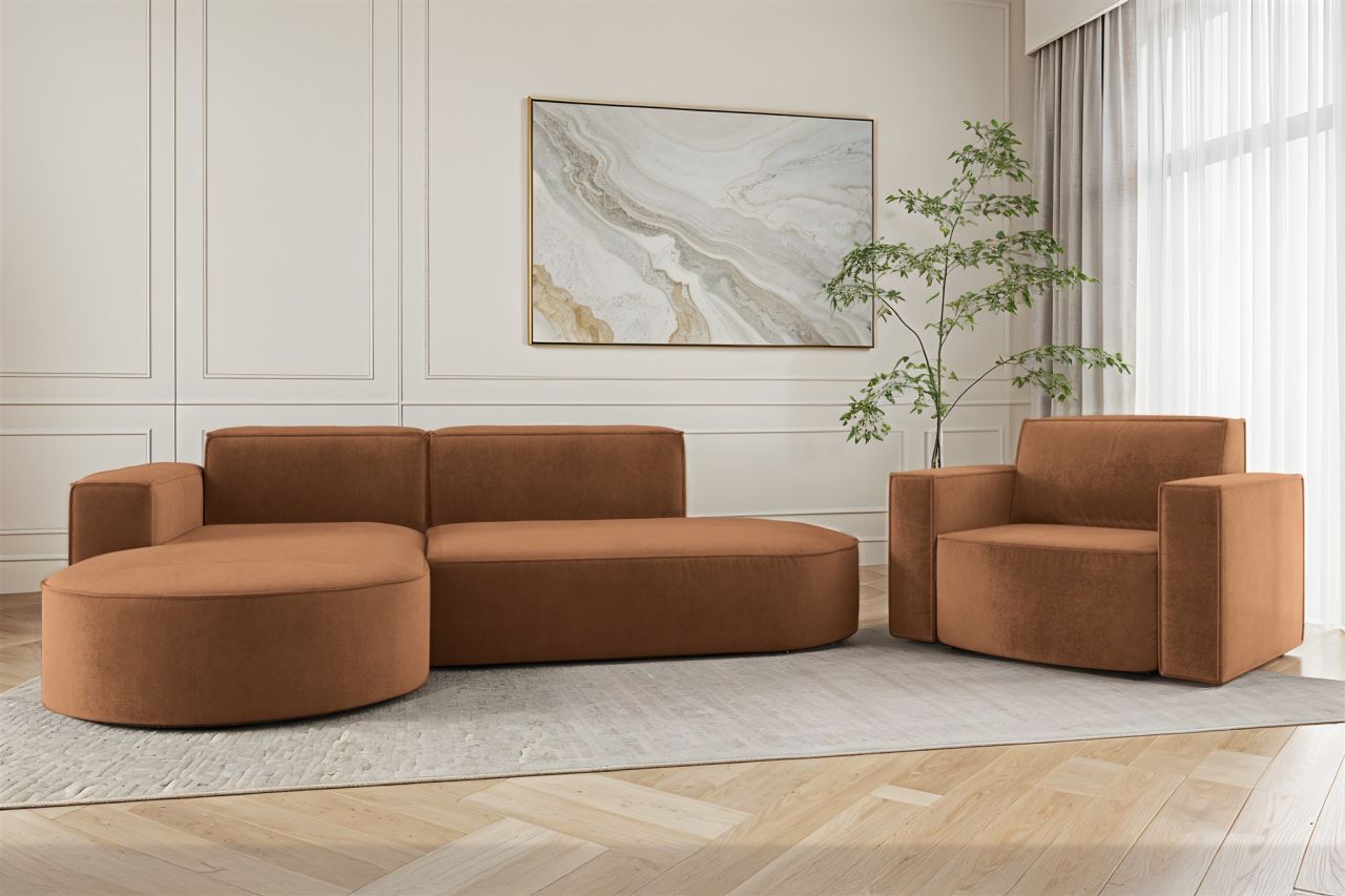 Sofa Set 2-teilig Sessel und Ecksofa PALMA XS Stoff Noel Ziegelrot Ottomane L...