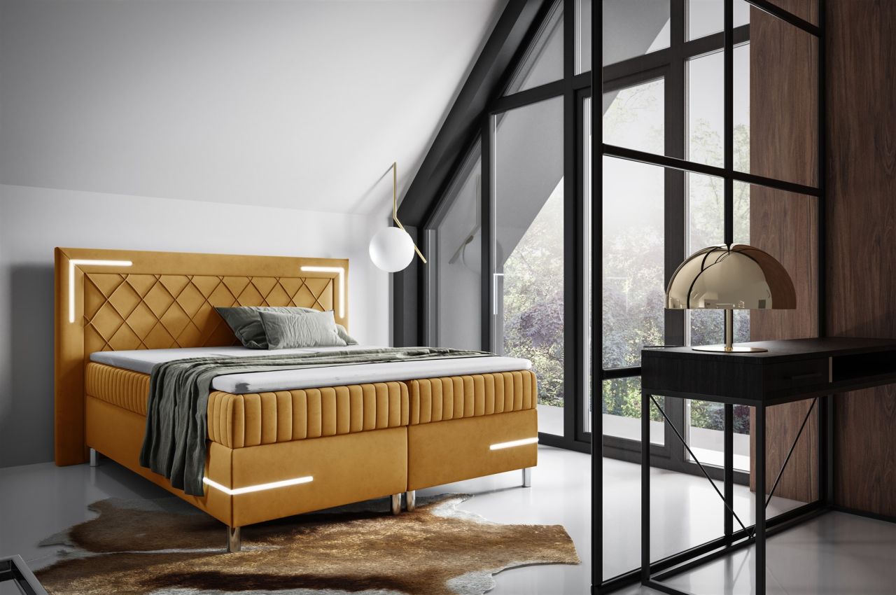 Boxspringbett Schlafzimmerbett 180x200cm AMORE Nr.3 Gelb inkl. LED-Beleuchtung