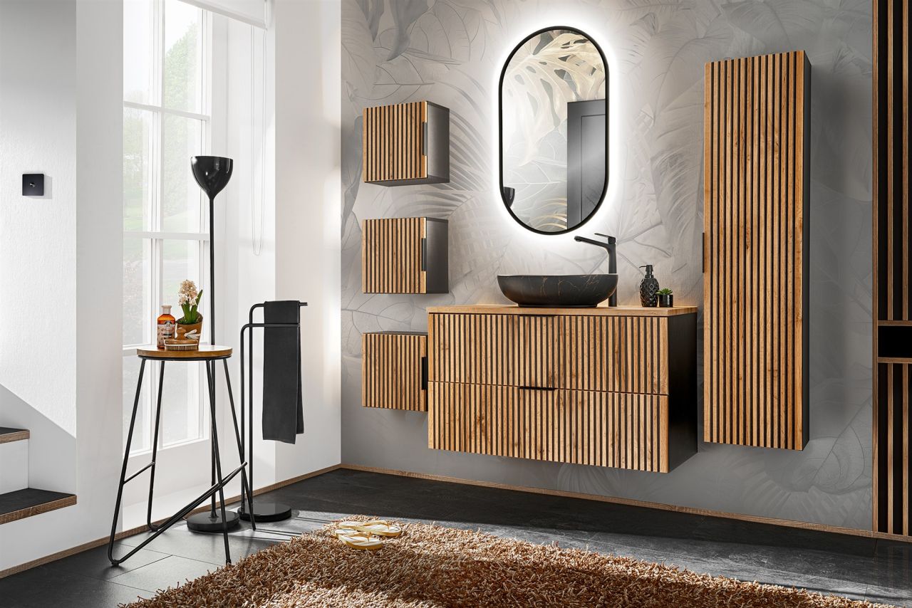 Badmöbel Set 6-tlg Badezimmerset ARMON Wotan Eiche Schrank 100cm ohne Waschtisch
