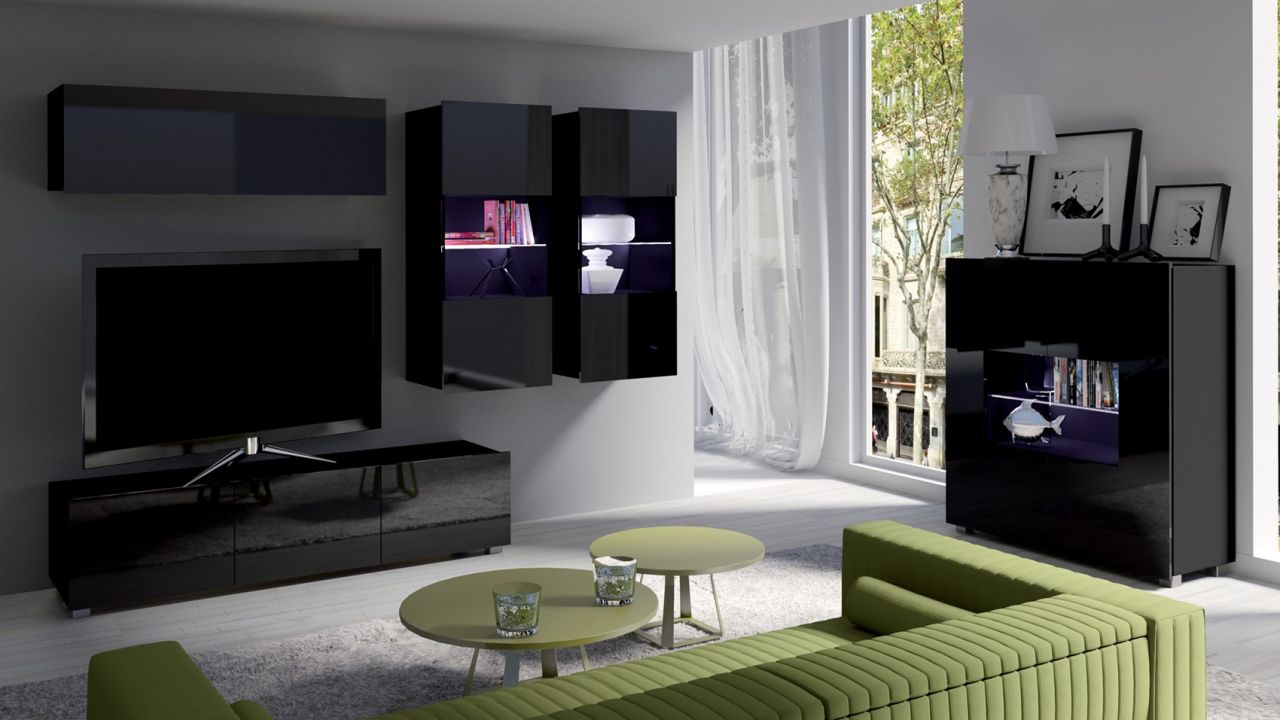 Mediawand Wohnwand 5 tlg - LABRI 6 - Schwarz Hochglanz