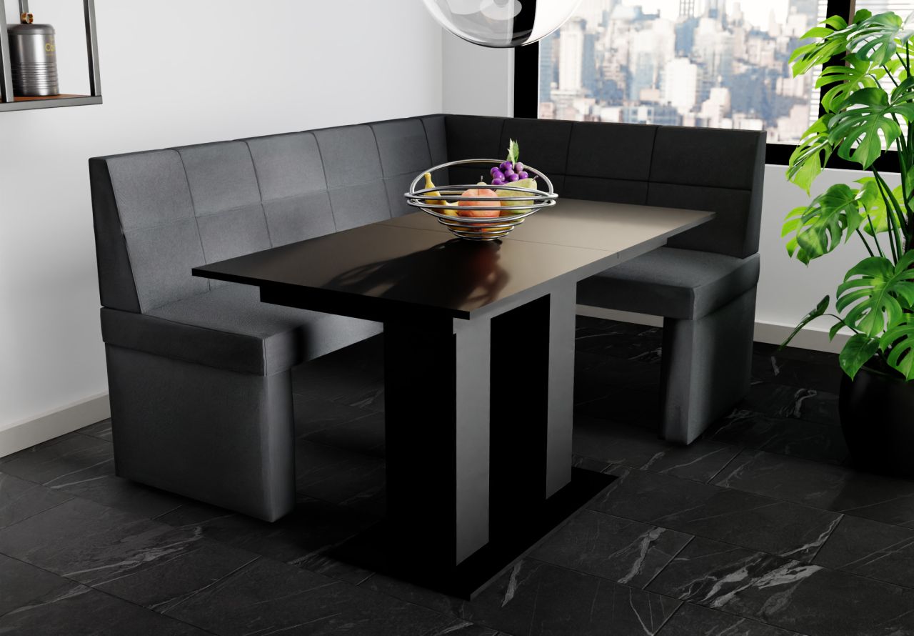 Eckbankgruppe 168x128 cm BLAKE L Stoff Soro Anthrazit / Esstisch DANTE Schwarz