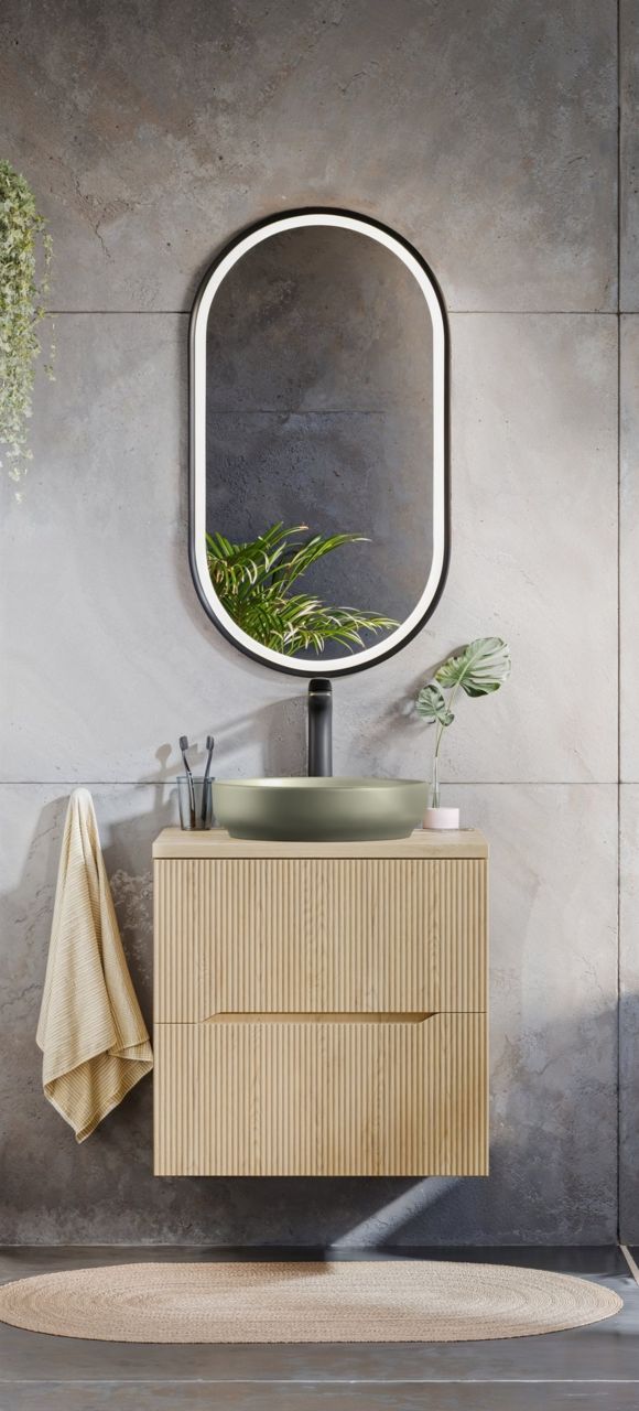 Badmöbel Set 3-tlg Badezimmerset AVOLI Cremona Eiche Spiegel 50cm inkl. Wasch...