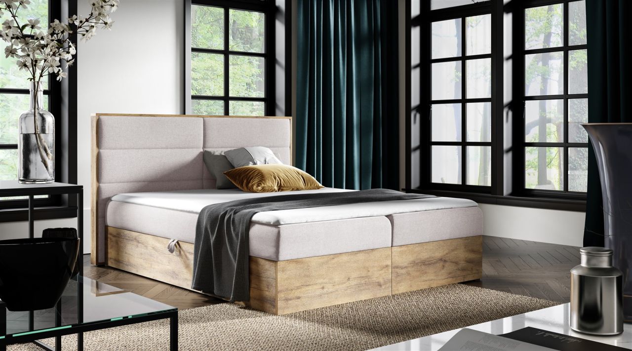 Boxspringbett Bett LAMBROS 200x200 Lancelot Eiche Stoff Hellbeige ink.Bettkasten