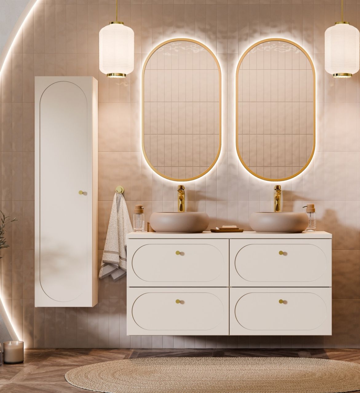 Badmöbel Set 7-tlg Badezimmerset KONA Cashmere Sand Beige Schrank Links inkl....