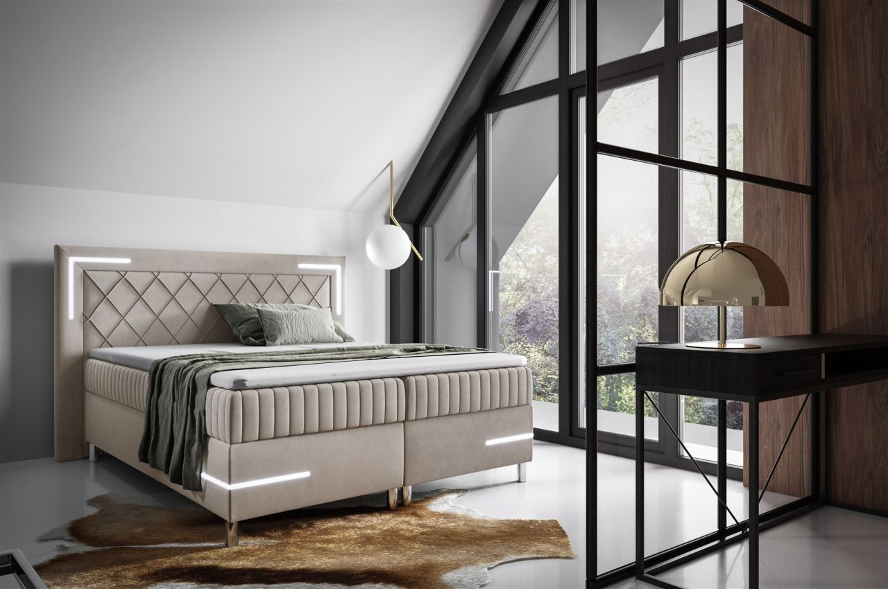 Boxspringbett Schlafzimmerbett 140x200cm AMORE Nr.3 Beige inkl. LED-Beleuchtung