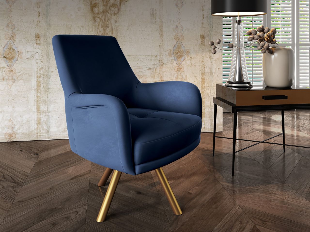 OUTLET Sessel Drehsessel VALERIE in Stoff Stoff Elisa Velvet Dunkelblau