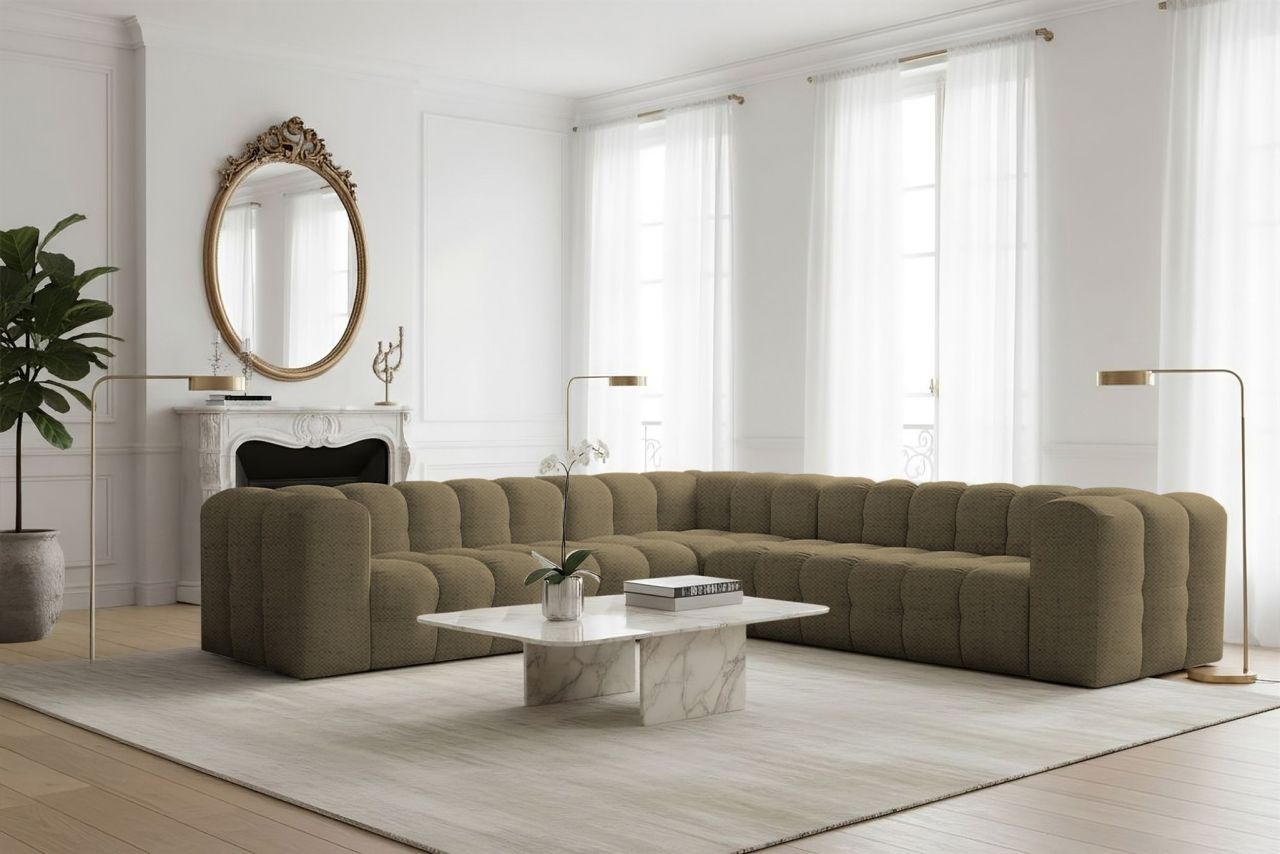 Ecksofa Designersofa SOLVIE in Stoff Moly Moosgrün Seite Universal