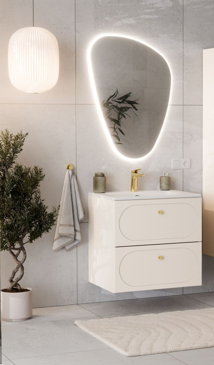 Badmöbel Set 2-tlg Badezimmerset KONA Cashmere Sand Beige Spiegel inkl. Wasch...