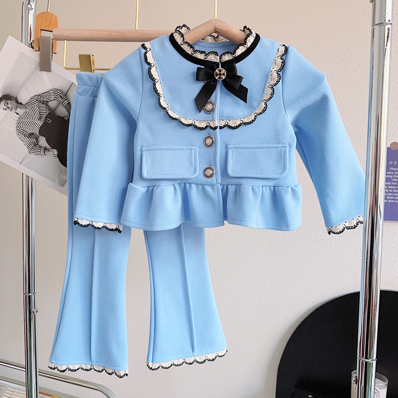 2023 Children's Wear Spring and Autumn Season New Fashionable Soft Girl French Doll Neck Top Casual Pants Two Piece
