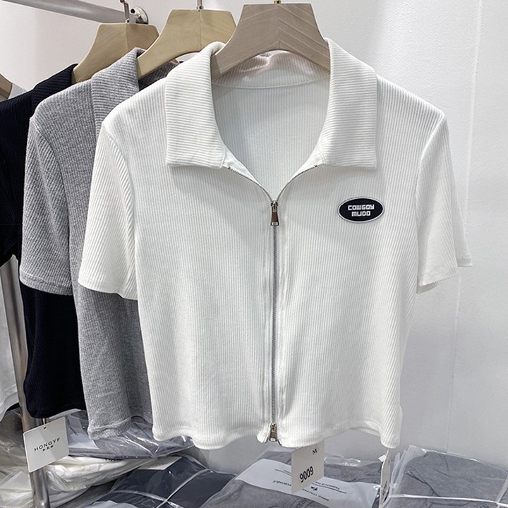 Damenbekleidung Damen-Kurzarm-Shirt mit Reißverschluss und zwei Reißverschlüssen – Stilvoll und bequem für die Arbeit und die Freizeit (Schwarz/Weiß/Grau, Größen M-2XL)