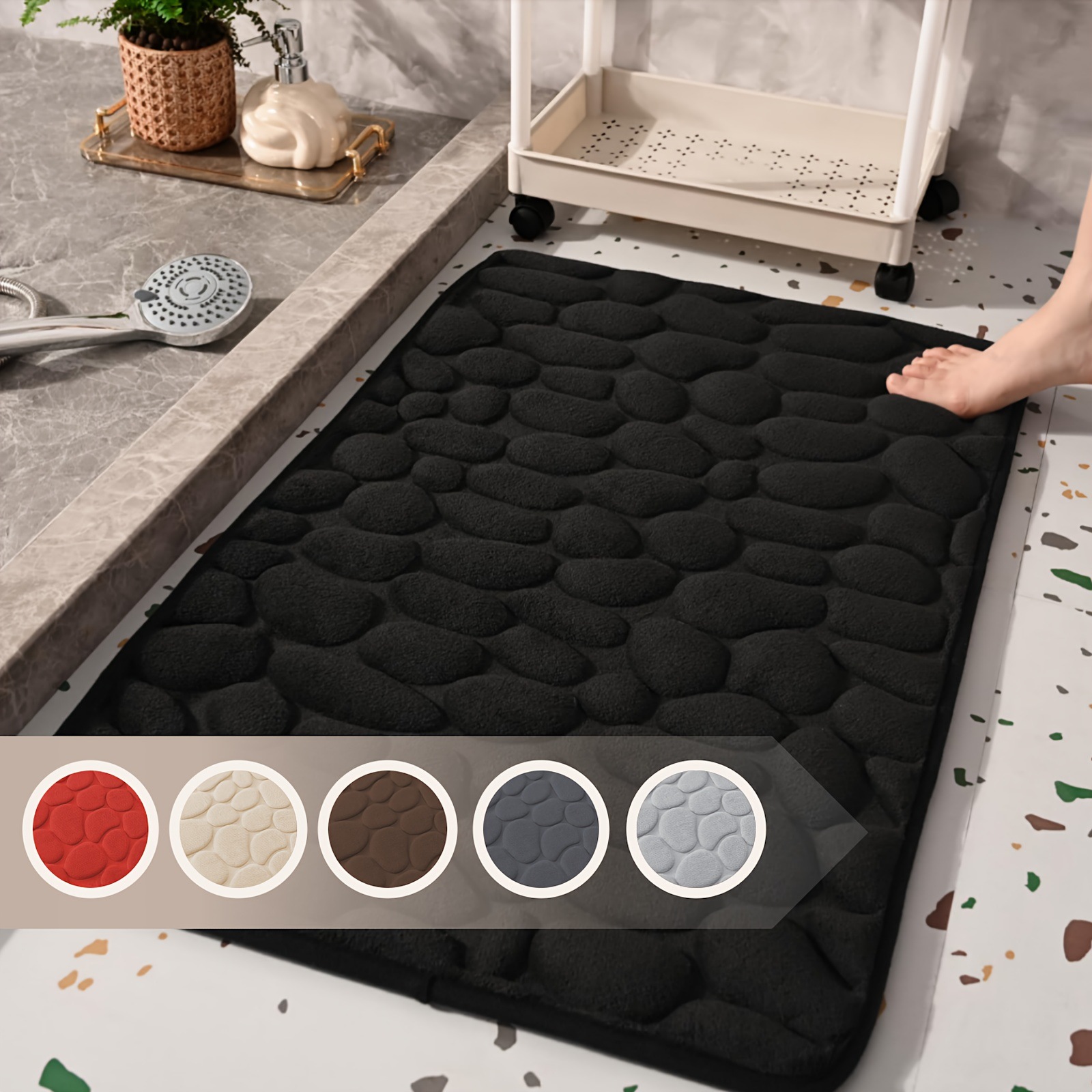 Pebble-Pattern Bath Mat - Super Absorbent Coral Fleece Floor Rug For Bathroom (Non-Slip Stain Resistant Quick Dry Machine Washable 24'X16')​​