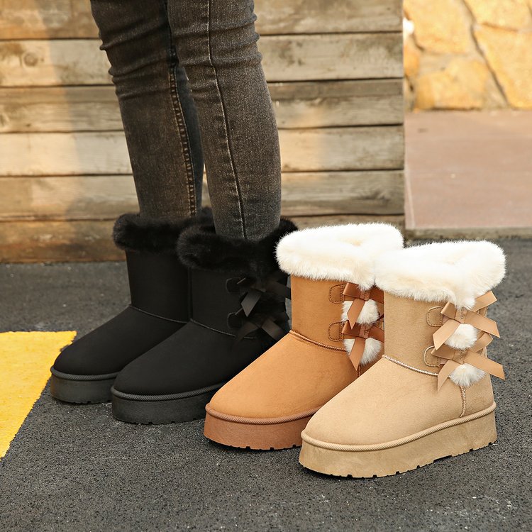 Women's Shoes Ankle Boots Shoes Boots Autumn And Winter Bow Retro Plus Velvet Thickened Short Boots Cotton Boots