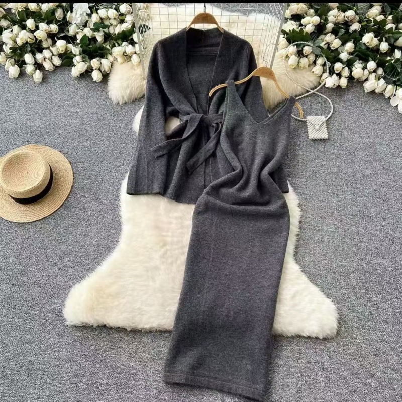 ​Lazy Luxe Knit Set – Oversized Cable Sweater & Slip Dress Duo In V-Neck & Relaxed Fit (3 Neutral Shades)​