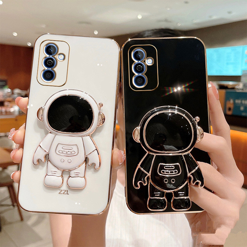 Phone Case For Samsung S22 Ultra S21 FE S20 S10 Plus Plating Astronaut Fold Phone Holder Soft TPU Cover On A53 a73 a33 5