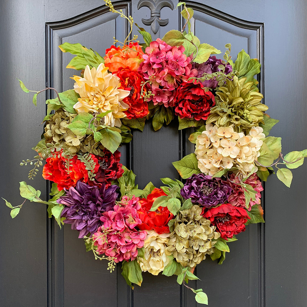 Spring and summer simulation hydrangea front door wreath year-round colorful simulation peony wreath front door wall hanging decoration