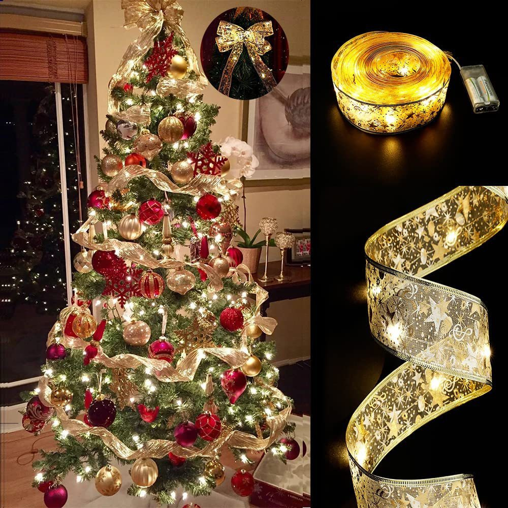 Christmas Ribbon LED Light String Christmas Decorations Christmas Tree Decoration Pendant Gift Bronzing Double Layer Ribbon