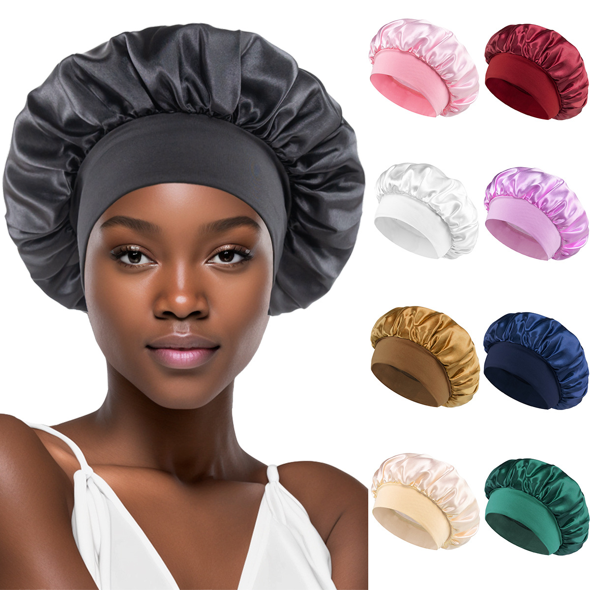 Classic Solid Color Shower Cap From Europe And America Fashionable Satin Wide Edge Sleep Cap Women's Hair Care Cap