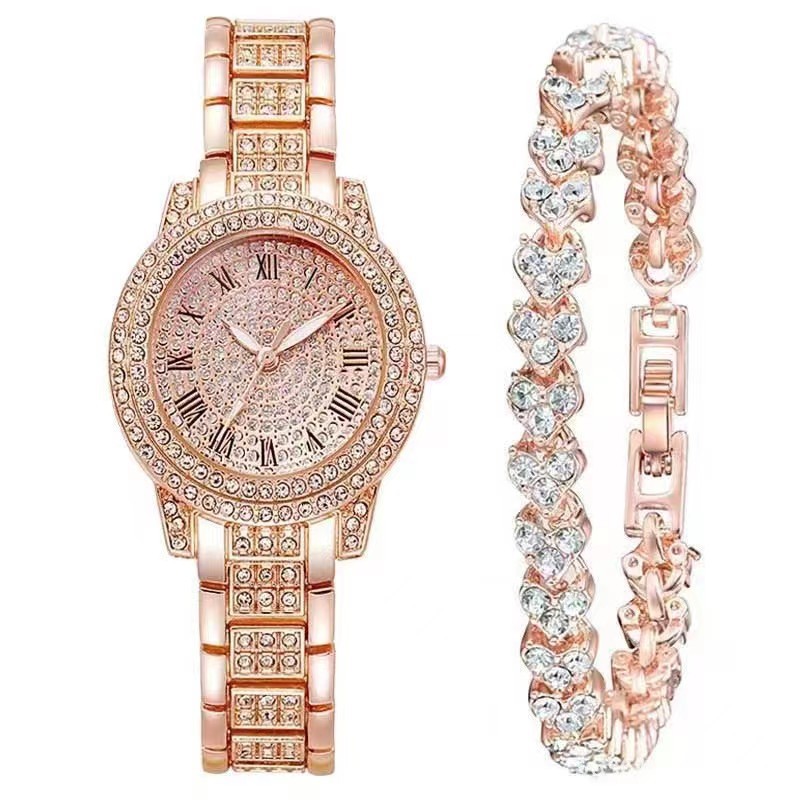 Full diamond Roman numeral steel watch for women full of stars temperament business quartz watch hip hop style full diamond bracelet set