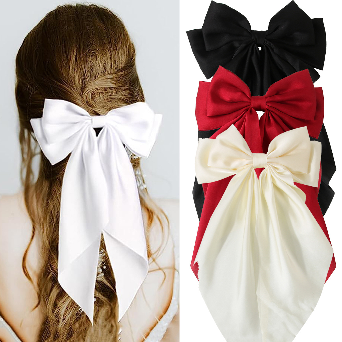 Women’s Accessories Oversized Ribbon Bow Spring Clip Hair Accessories High-end Satin Hair Clip