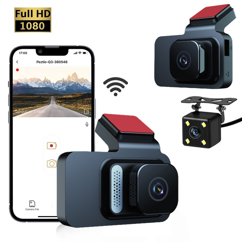 Dashcam front and rear recording high-definition 3-inch WiFi dual lens adhesive infrared night vision car recorder