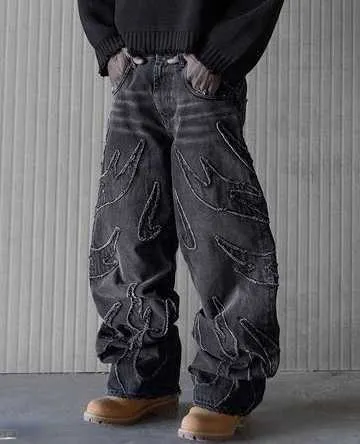 Baggy mens jeans Y2k hip-hop Distressed retro black pants oversized embroidered Haruku Gothic wide leg Trouser