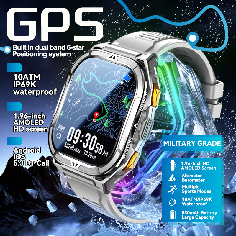 Neue GPS-Smartwatch für Männer, 5 ATM, wasserdicht, Höhenmesser, Kompass, 530 mAh Akku, 1,96 Zoll HD-Anruf, Sportuhren für Huawei, Xiaomi, Android IOS