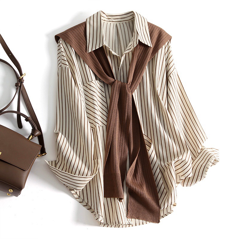 Women's Clothing design striped printed shirt for women ~ casual knitted shawl two piece tops that make you look thin and young