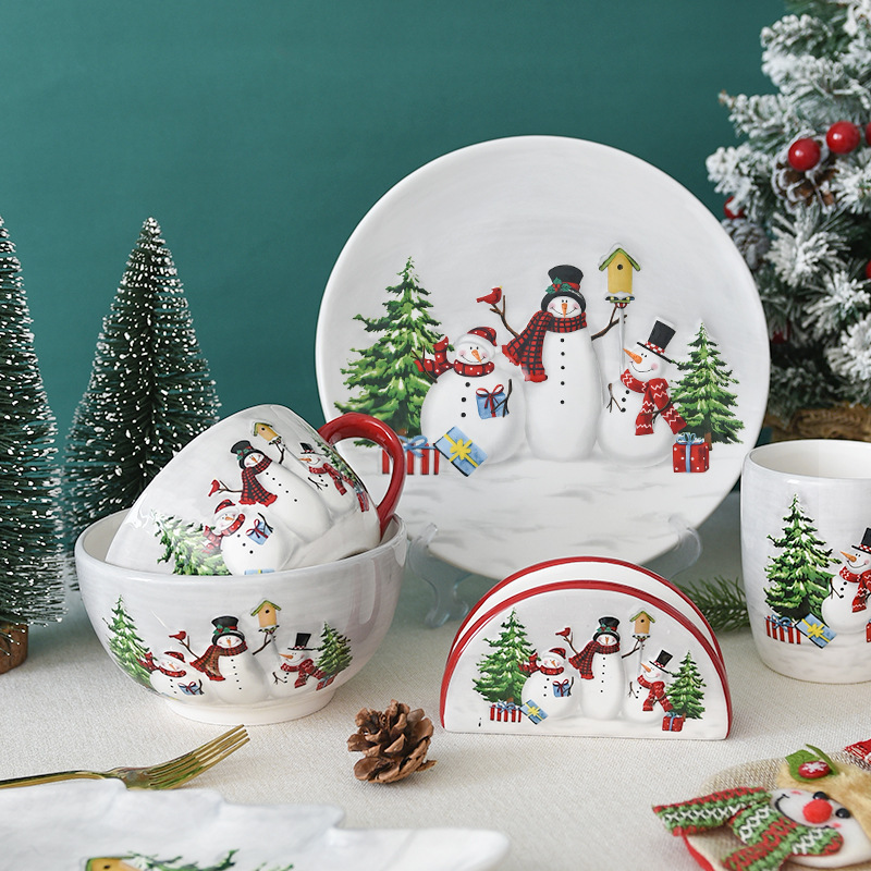 Christmas Snowman Bowls and Plates Tableware Set Relief Rice Salad Bowl Western Ceramic Flat Plate Cup