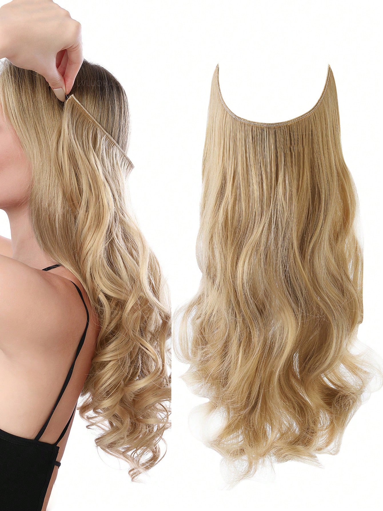 Invisible Wire Dirty Blonde with root Extension Natural Wavy Pieces Synthetic Hair Extensions in Hairpiece